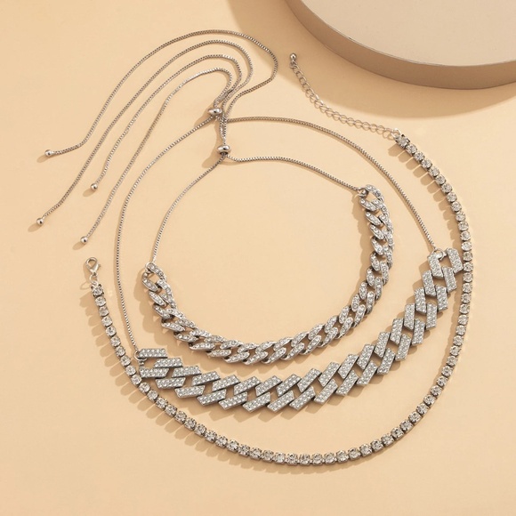 Triple Diamond Layered Necklace Set, Cuban Link Necklace, Tennis Necklace - Picture 4 of 9